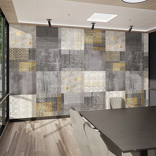 Modern Patchwork Texture Wall Mural – Abstract Grey & Gold Geometric Wallpaper for Office & Living Room