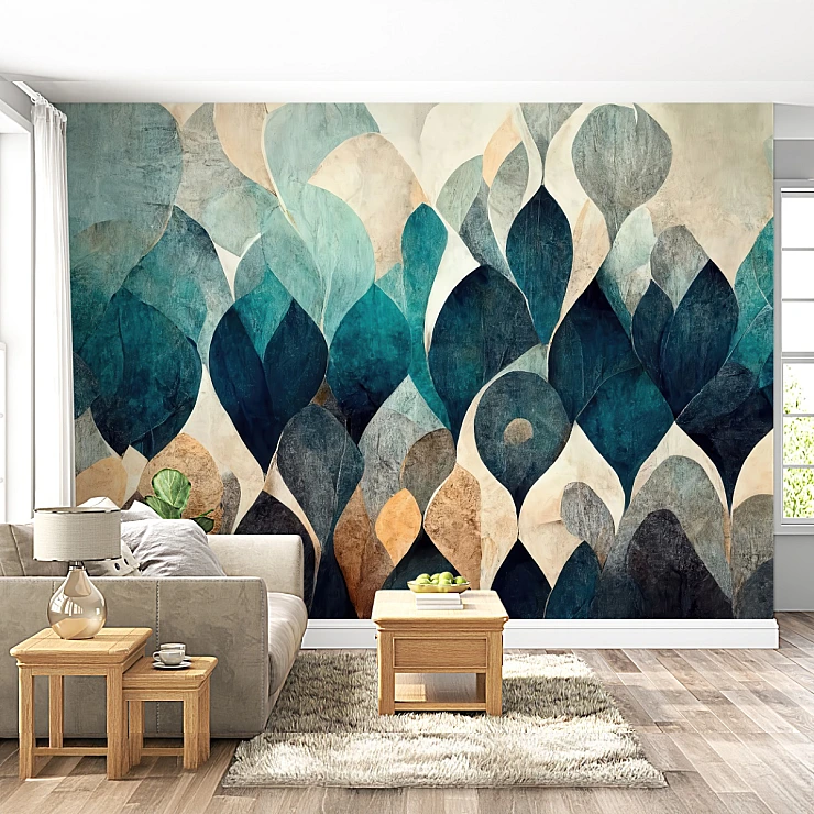 Abstract Leaf Pattern Wall Mural – Modern Teal Geometric Design