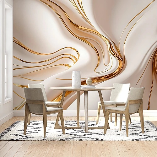 Fluid Gold Abstract Wall Mural – Luxury Marble Flow Design for Dining Room