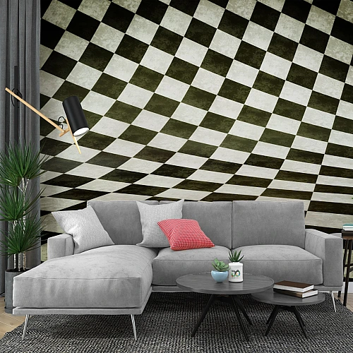Warped Checkered Optical Illusion Wall Mural – Black and White Geometric Wallpaper for Modern Interiors