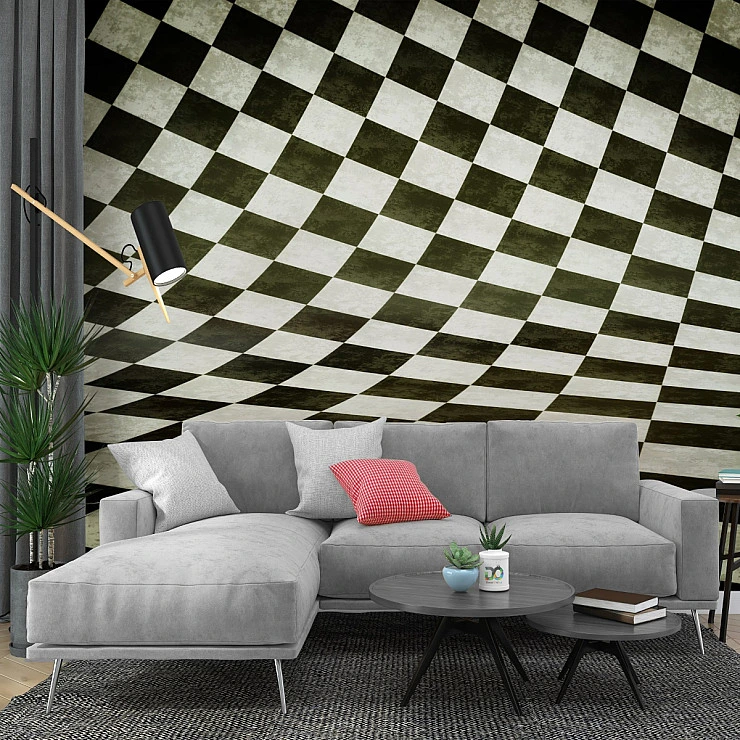 Warped Checkered Optical Illusion Wall Mural – Black and White Geometric Wallpaper for Modern Interiors