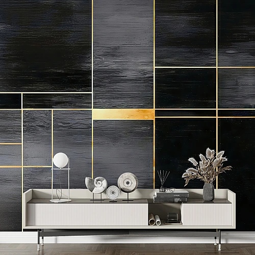Black Gold Panel Wall Mural – Modern Geometric Luxury Wallpaper for Living Room