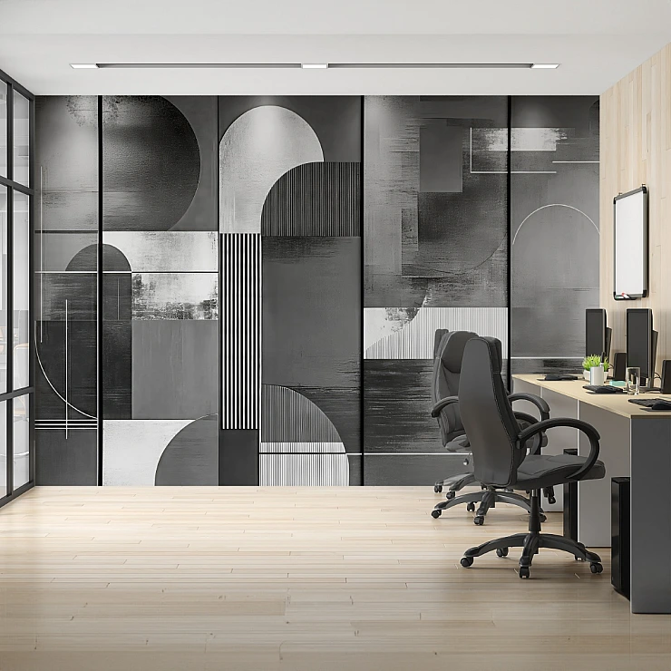 Monochrome Geometric Wall Mural – Modern Black Grey Abstract Design