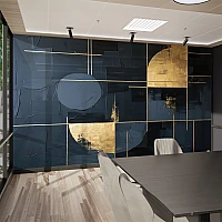 Modern Blue Gold Abstract Wall Mural – Geometric Luxury Art Design