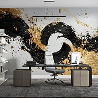Abstract Black Gold Wave Wall Mural – Modern Brush Stroke Art Design