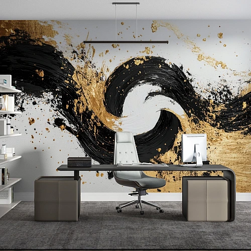 Abstract Black Gold Wave Wall Mural – Modern Brush Stroke Art Design