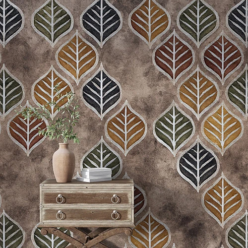 Retro Leaf Pattern Wall Mural – Earth Tone Botanical Design