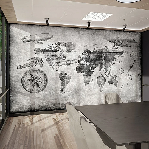 Vintage World Map Wall Mural – Travel Compass Aviation Design