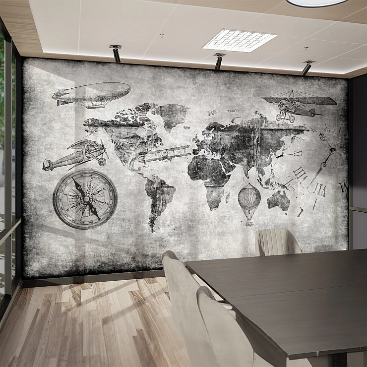 Vintage World Map Wall Mural – Travel Compass Aviation Design