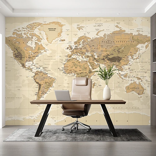 Vintage World Map Wall Mural – Antique Beige Atlas Design