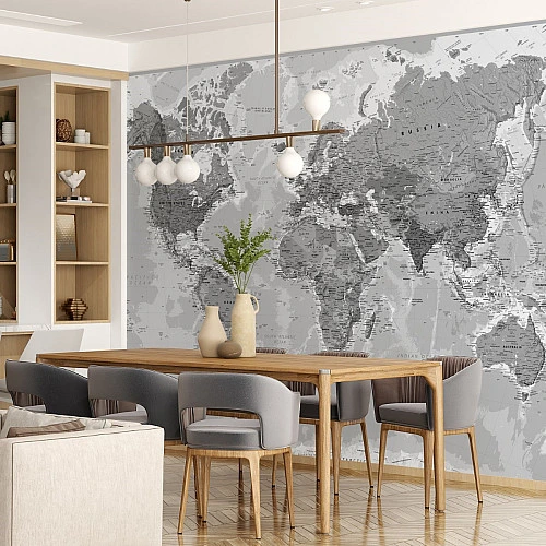 Grey World Map Wall Mural – Modern Monochrome Atlas Design
