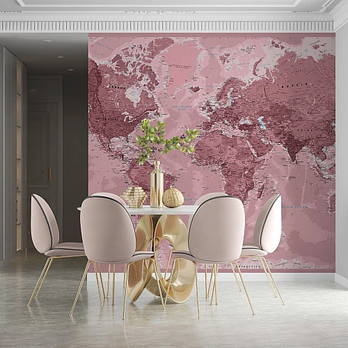 Pink World Map Wall Mural – Vintage Geographic Design