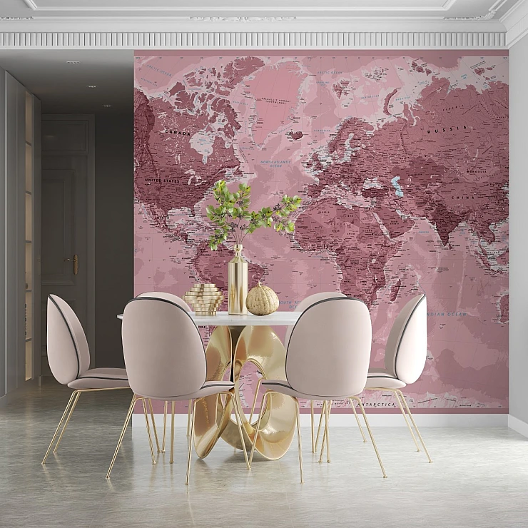 Pink World Map Wall Mural – Vintage Geographic Design Pink World Map Wall Mural – Vintage Geographic Design