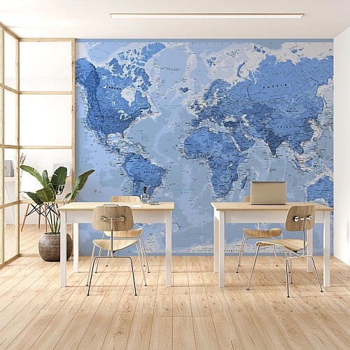 Blue World Map Wall Mural – Modern Educational Geography Design