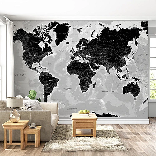 Black White World Map Wall Mural – Modern Travel Map Design