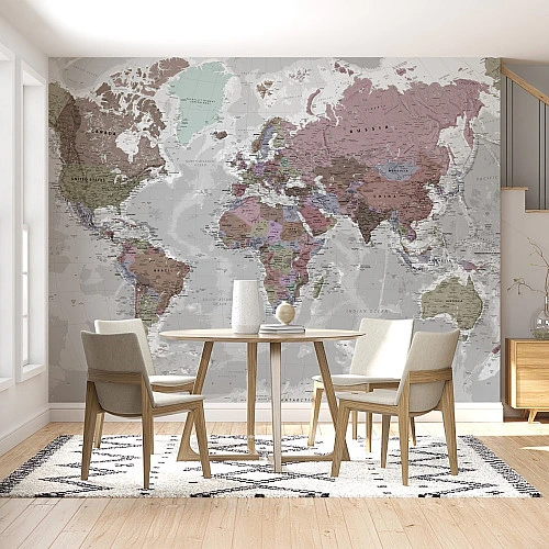 Vintage World Map Wall Mural – Soft Color Travel Map Design