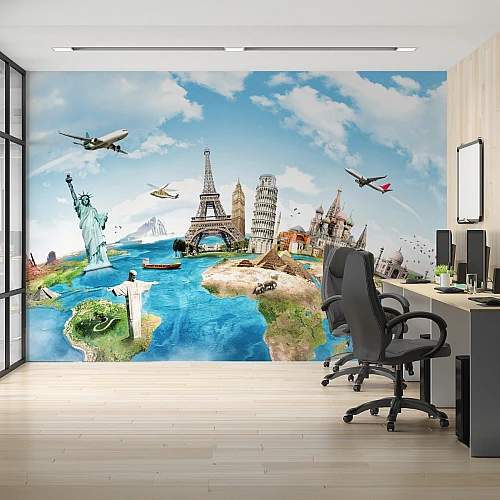 World Landmarks Wall Mural – Travel Theme Panorama Wallpaper for Office