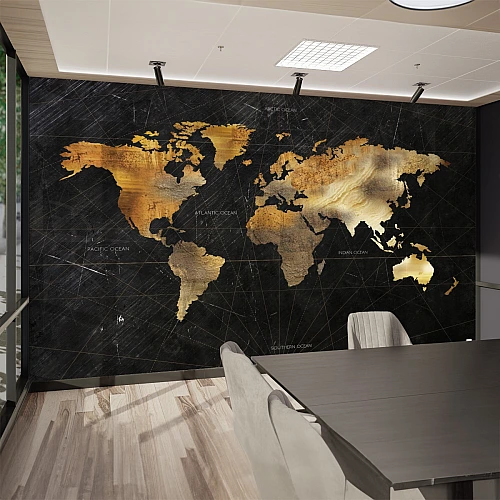 Luxury World Map Wall Mural – Black & Gold Modern Office Design