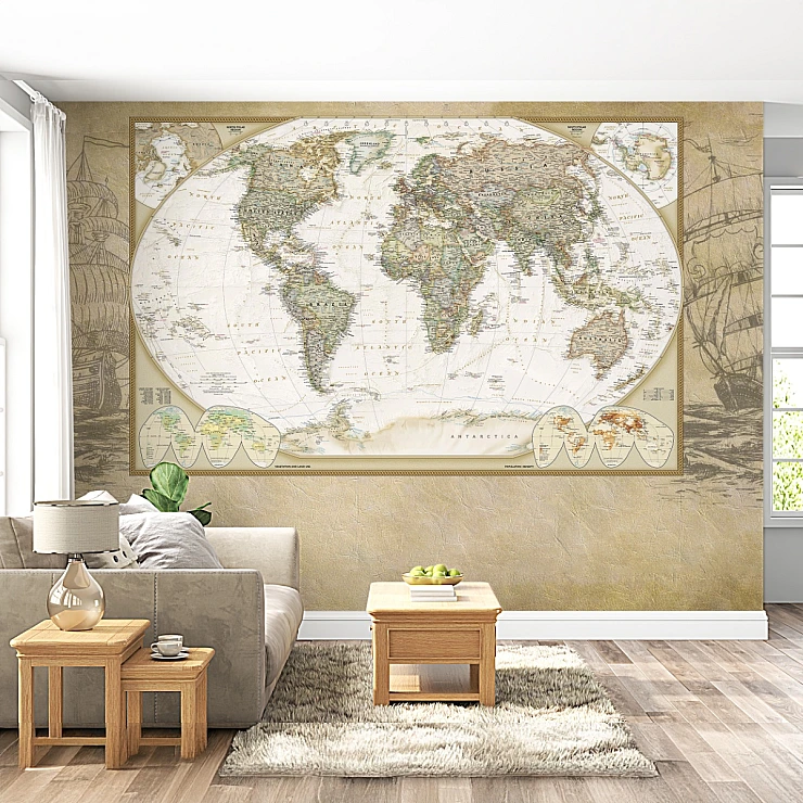 Vintage World Map Wall Mural – Antique Atlas Travel Design