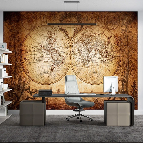 Vintage World Map Wall Mural – Antique Sepia Atlas Wallpaper for Office & Study