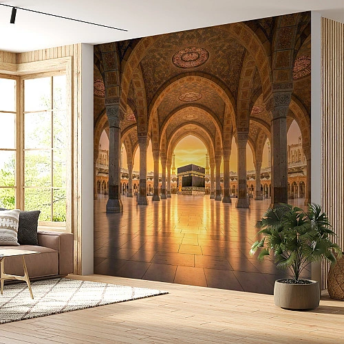 Kaaba Golden Arch Hall Wall Mural – Majestic Islamic Interior Design