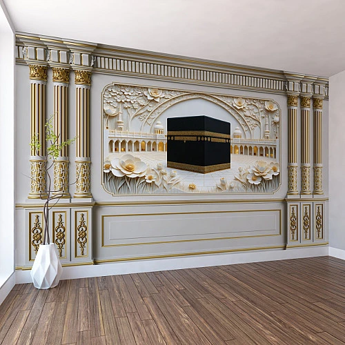 Luxury Kaaba Classical Wall Mural – Ornate Islamic Gold Panel Design