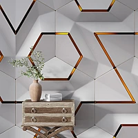 3D Hexagon Wall Mural – White Geometric Gold Line Design