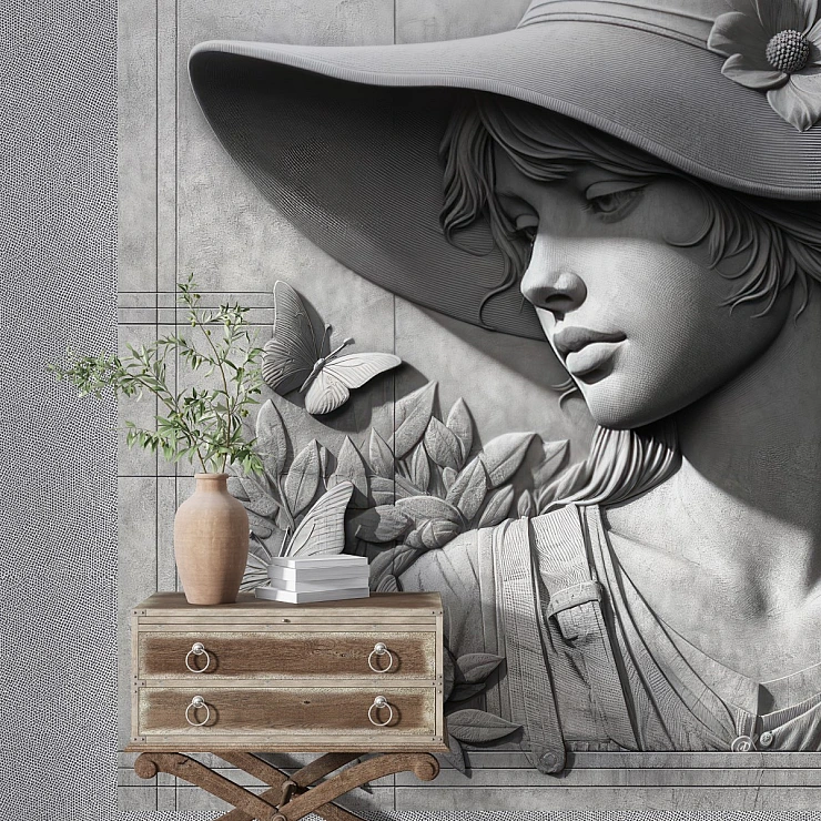 Stone Effect Lady Wall Mural – Grey 3D Sculptural Portrait Design