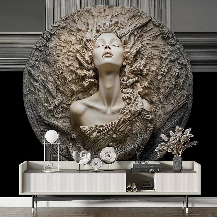 Sculptural Goddess Wall Mural – Classical 3D Relief Art Design Sculptural Goddess Wall Mural – Classical 3D Relief Art Design