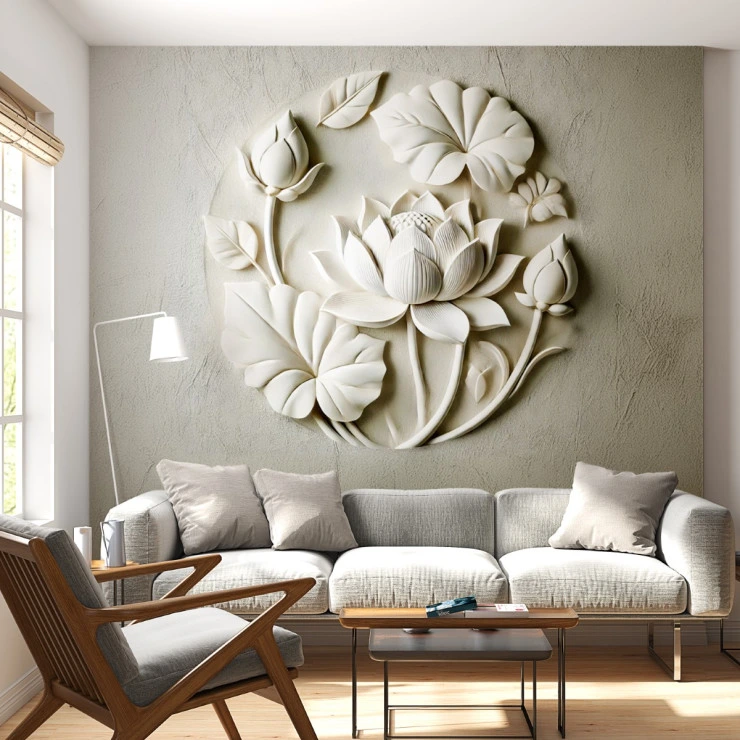 3D Lotus Flower Wall Mural – Elegant Neutral Floral Relief Design 3D Lotus Flower Wall Mural – Elegant Neutral Floral Relief Design