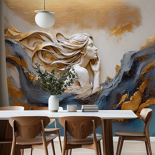 Elegant Woman Abstract Wall Mural – Luxury Gold Artistic Portrait Design for Living Room