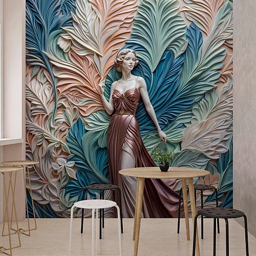 Art Nouveau Woman Wall Mural – Elegant Floral Relief Portrait Design