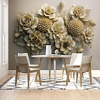 3D Beige Floral Wall Mural – Elegant Sculpted Flower Design