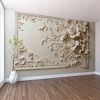 Elegant Floral Relief Wall Mural – Classic 3D Beige Ornament Design