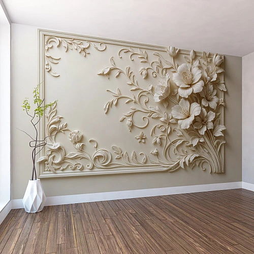 Elegant Floral Relief Wall Mural – Classic 3D Beige Ornament Design