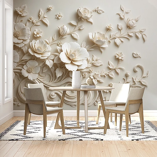 Elegant 3D Floral Wall Mural – Soft Beige Sculpted Flower Art