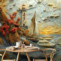 Textured Coastal Lighthouse Wall Mural – Artistic Sailboat Sunset Wallpaper for Dining & Living Room