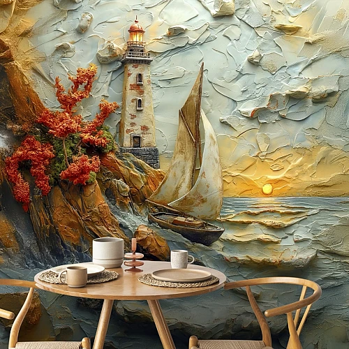 Textured Coastal Lighthouse Wall Mural – Artistic Sailboat Sunset Wallpaper for Dining & Living Room