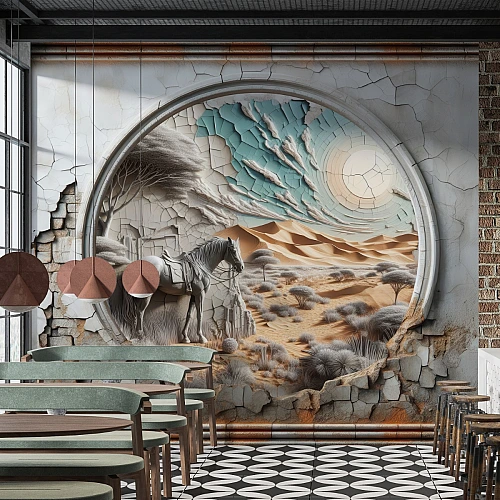 3D Desert Arch Wall Mural – Rustic Horse Landscape Wallpaper for Industrial Interiors
