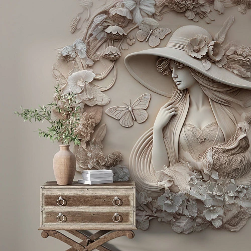 Elegant Lady Relief Wall Mural – Beige Floral Sculptural Art Design