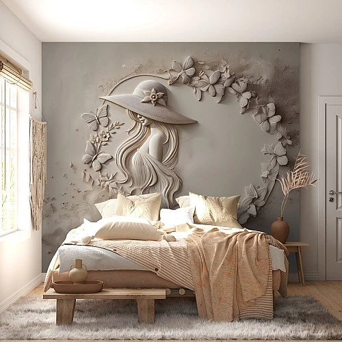 Floral Lady Circle Wall Mural – Beige 3D Sculptural Art Design