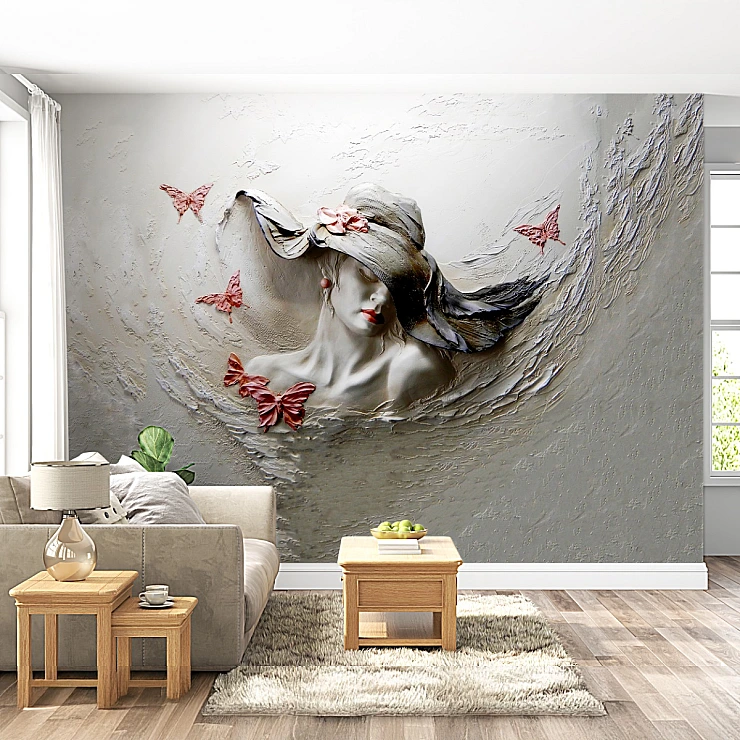 Elegant Woman Relief Wall Mural – Artistic Butterfly Portrait Design Elegant Woman Relief Wall Mural – Artistic Butterfly Portrait Design