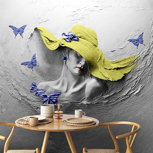 Yellow Hat Lady Wall Mural – Modern Abstract Butterfly Art Design