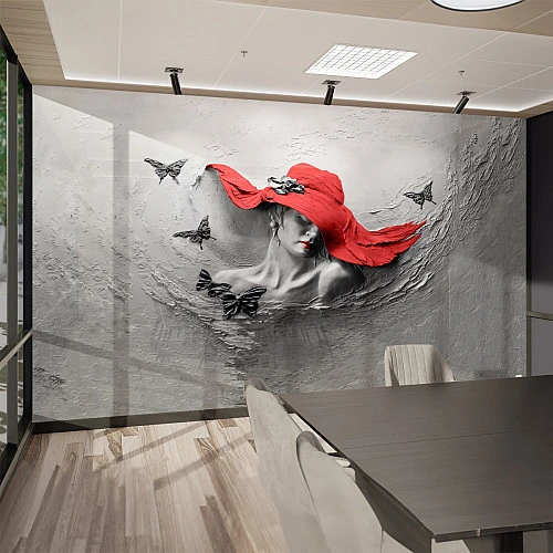 Red Hat Woman Wall Mural – 3D Artistic Monochrome Portrait Design