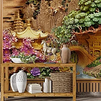 Oriental Garden Relief Wall Mural – 3D Asian Landscape Floral Art Wallpaper