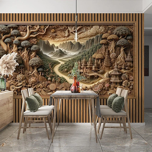 Carved Landscape Wall Mural – 3D Wooden Relief Asian Nature Design