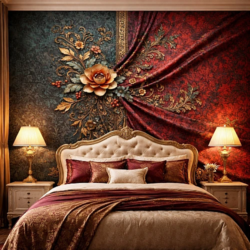 Royal Baroque Velvet Wall Mural – Ornate Floral Fabric Design