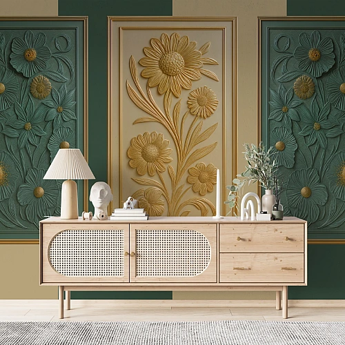 Green & Gold Floral Panel Wall Mural – Classic Embossed Botanical Wallpaper for Elegant Interiors