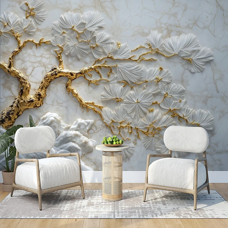 White & Gold 3D Floral Wall Mural – Modern Luxury Artistic Statement Design