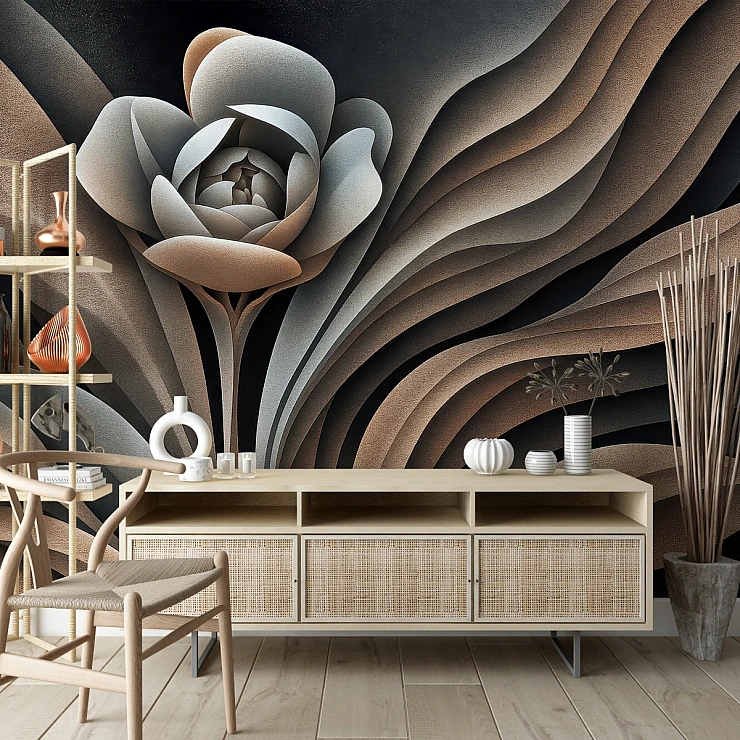 3D Abstract Flower Wall Mural – Layered Wave Modern Design